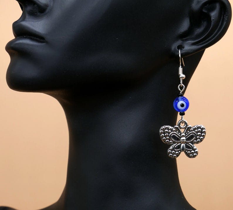 Evil Eye Protection | Butterfly | Glass Bead | Silver Earring Dangle Jewelry | Good Luck | Positive Vibes | Freedom | Transcendence | Grace