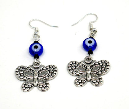 Evil Eye Protection | Butterfly | Glass Bead | Silver Earring Dangle Jewelry | Good Luck | Positive Vibes | Freedom | Transcendence | Grace