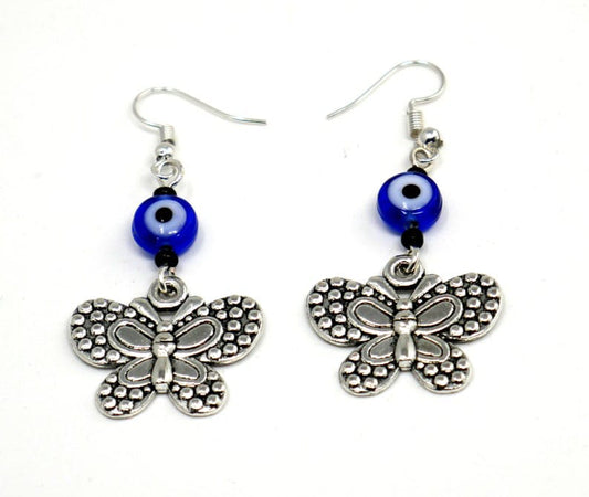 Evil Eye Protection | Butterfly | Glass Bead | Silver Earring Dangle Jewelry | Good Luck | Positive Vibes | Freedom | Transcendence | Grace
