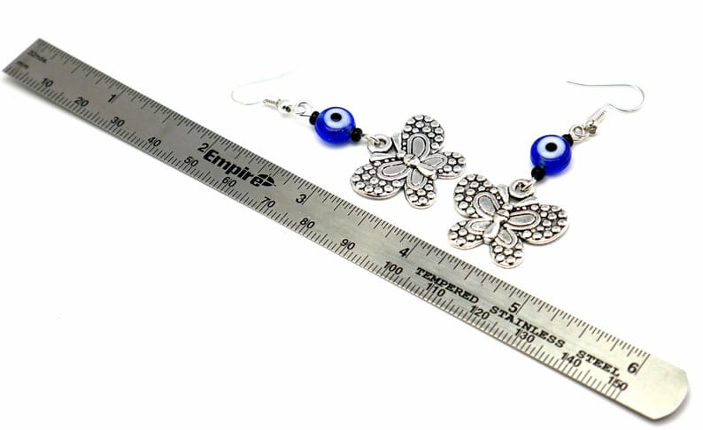 Evil Eye Protection | Butterfly | Glass Bead | Silver Earring Dangle Jewelry | Good Luck | Positive Vibes | Freedom | Transcendence | Grace
