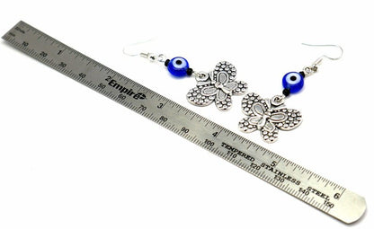 Evil Eye Protection | Butterfly | Glass Bead | Silver Earring Dangle Jewelry | Good Luck | Positive Vibes | Freedom | Transcendence | Grace