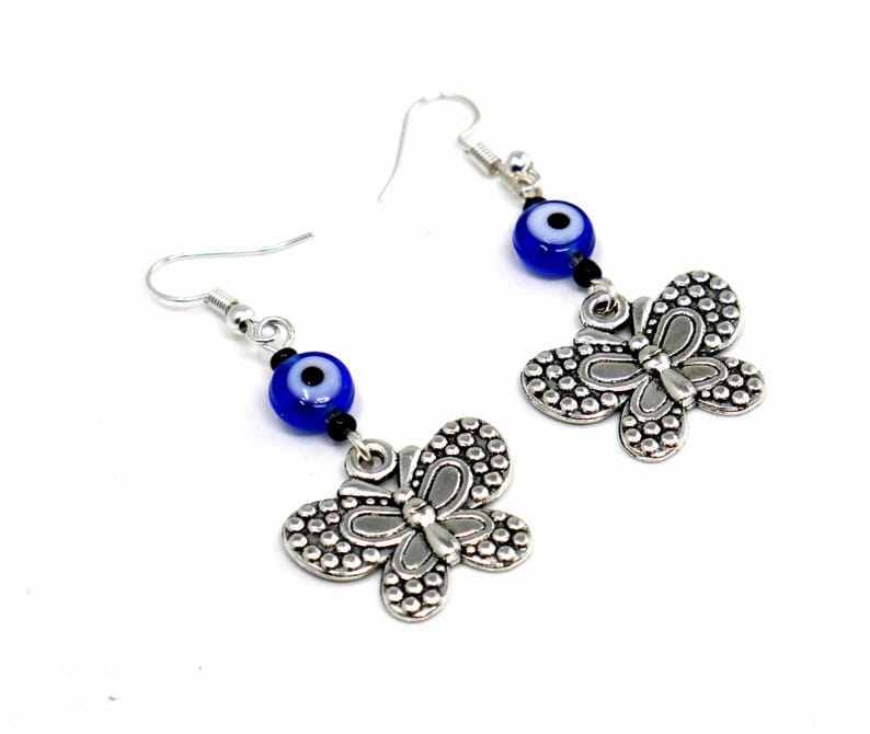 Evil Eye Protection | Butterfly | Glass Bead | Silver Earring Dangle Jewelry | Good Luck | Positive Vibes | Freedom | Transcendence | Grace
