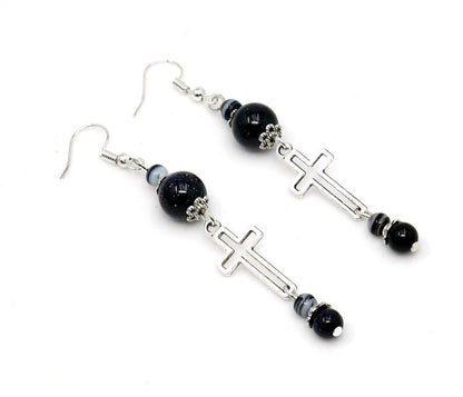 Holy Cross Earring | Natural Sand Stone & Agate Beads | Evil Eye Protection | Cross Ornament | Blessings | Hope Faith Believe Protection |