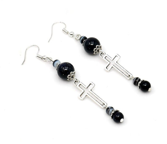 Holy Cross Earring | Natural Sand Stone & Agate Beads | Evil Eye Protection | Cross Ornament | Blessings | Hope Faith Believe Protection |