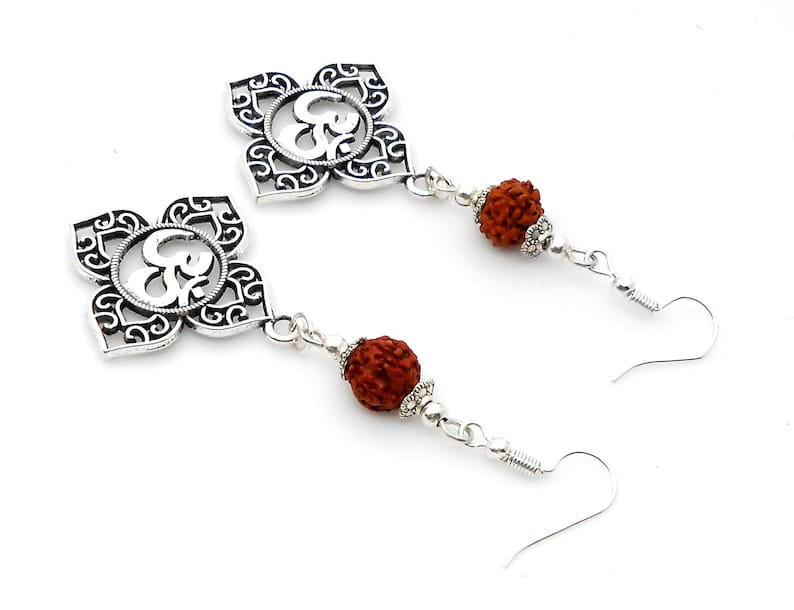 OM | Rudraksha Bead | Silver Earring Dangle Jewelry | Good Luck | Spiritual Power | Good Karma | Positive Vibrations