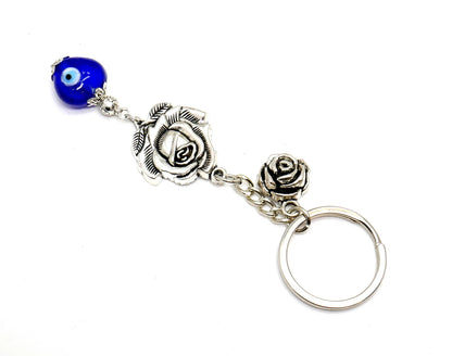 Evil Eye, Evil Eye Protection, Unique Rose Flower with Blue Heart Bead Key Chain/Key Ring/Handbag, New Driver/Birthday Gift for Her / Him