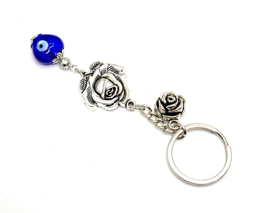 Evil Eye, Evil Eye Protection, Unique Rose Flower with Blue Heart Bead Key Chain/Key Ring/Handbag, New Driver/Birthday Gift for Her / Him