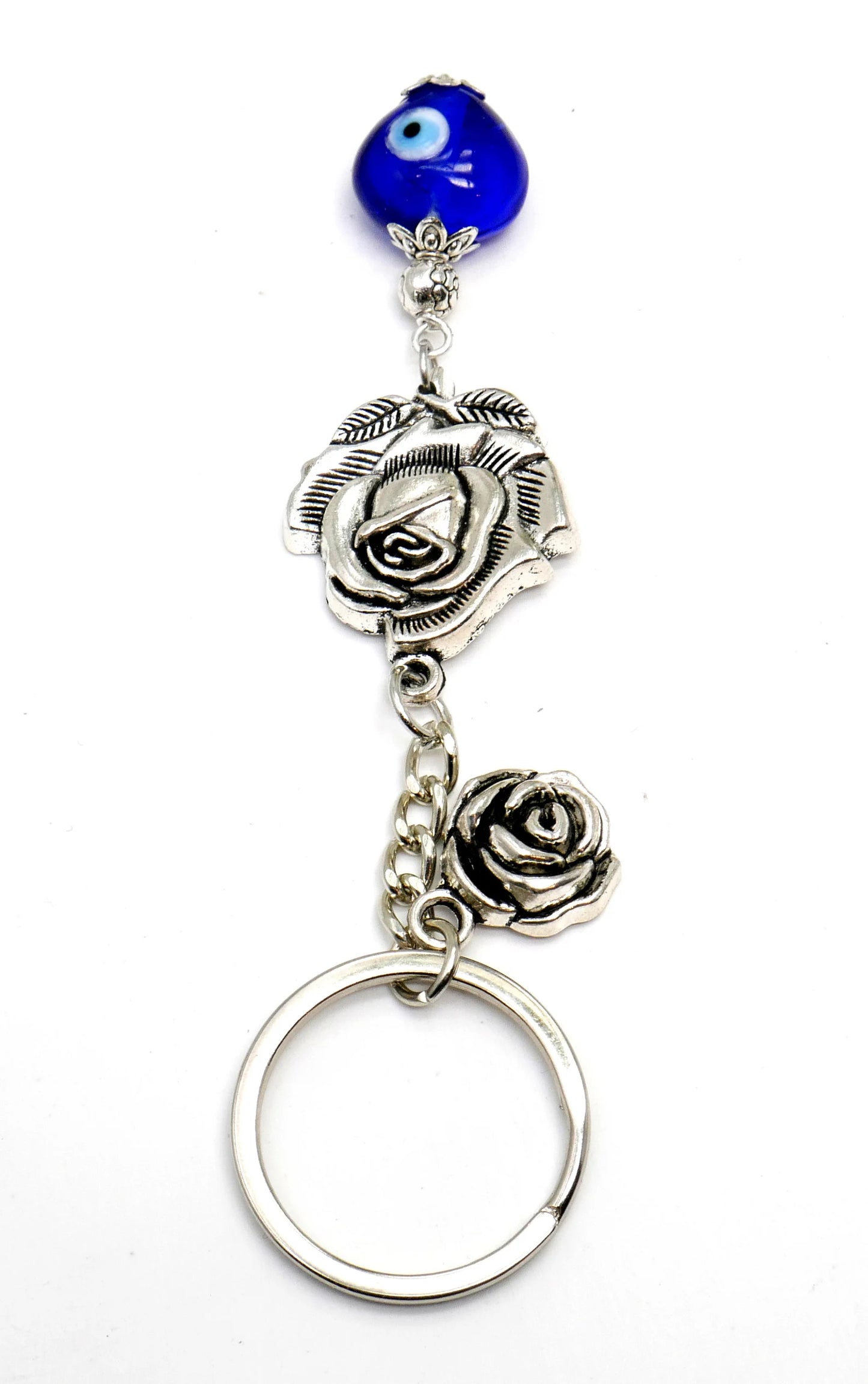 Evil Eye, Evil Eye Protection, Unique Rose Flower with Blue Heart Bead Key Chain/Key Ring/Handbag, New Driver/Birthday Gift for Her / Him