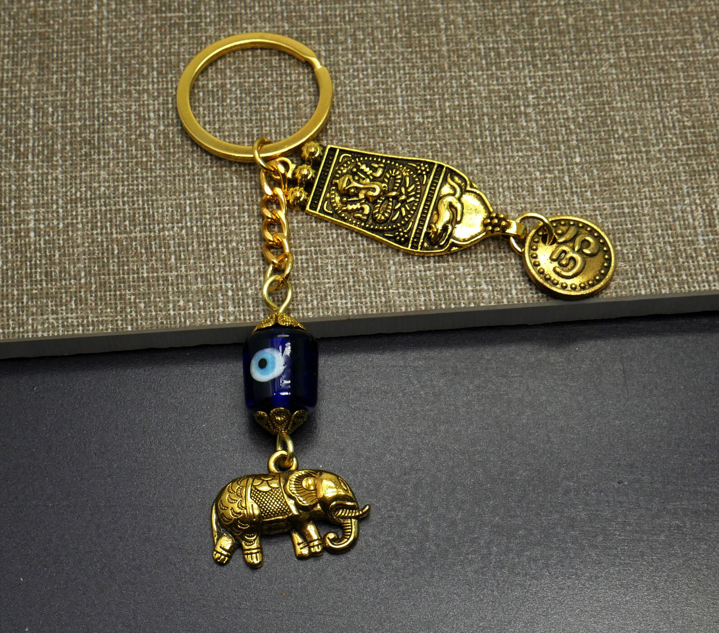 Evil Eye Protection Ganesha & OM with Lucky Elephant Charm Key Ring for Happiness, Good Fortune/Luck,Prosperity,Success, Positive Vibrations