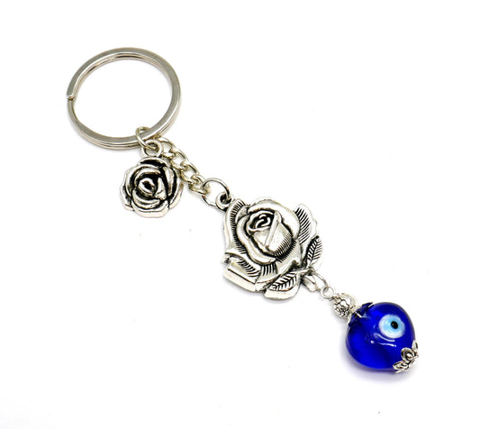 Evil Eye, Evil Eye Protection, Unique Rose Flower with Blue Heart Bead Key Chain/Key Ring/Handbag, New Driver/Birthday Gift for Her / Him