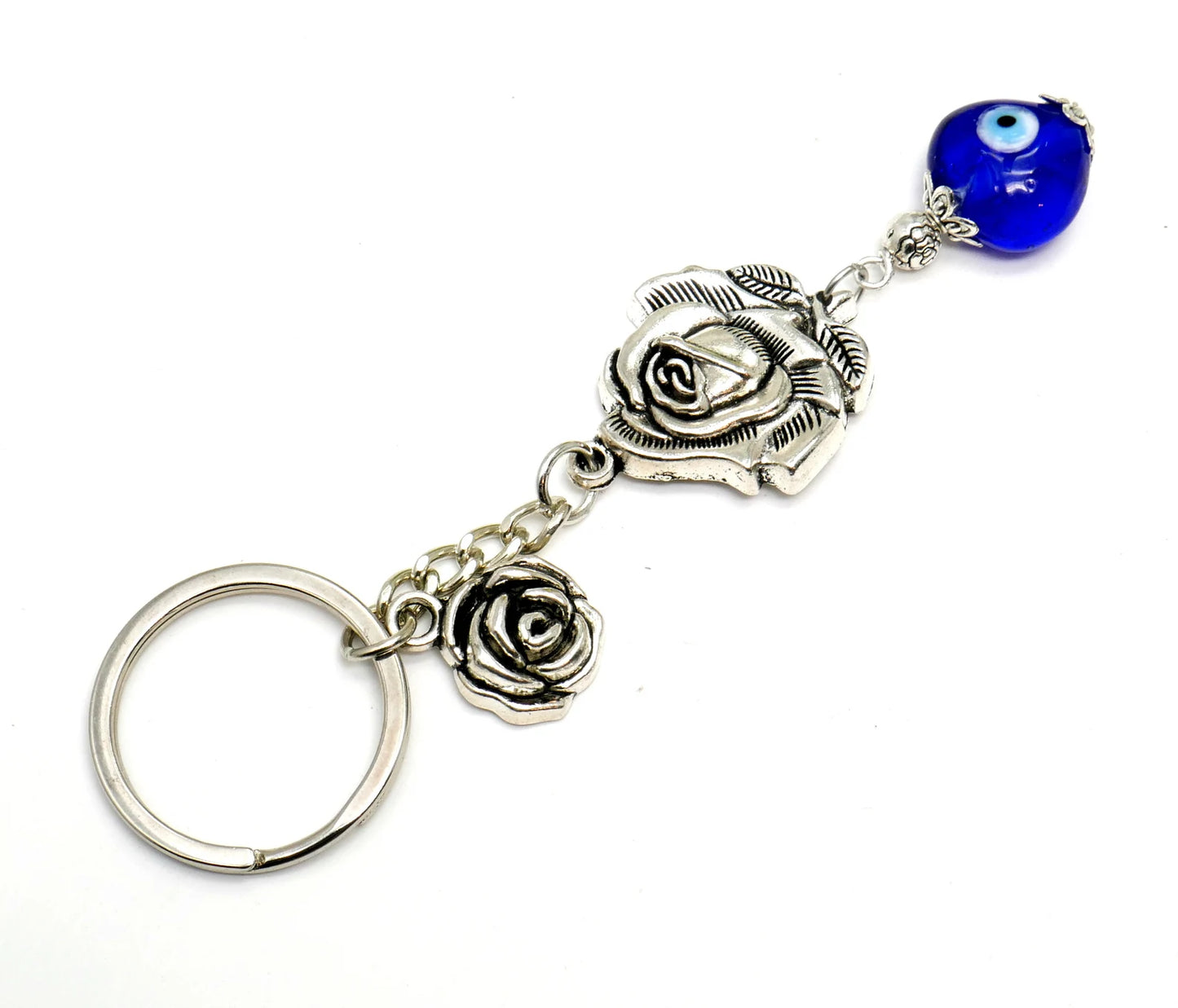 Evil Eye, Evil Eye Protection, Unique Rose Flower with Blue Heart Bead Key Chain/Key Ring/Handbag, New Driver/Birthday Gift for Her / Him