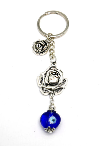 Evil Eye, Evil Eye Protection, Unique Rose Flower with Blue Heart Bead Key Chain/Key Ring/Handbag, New Driver/Birthday Gift for Her / Him