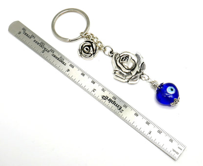 Evil Eye, Evil Eye Protection, Unique Rose Flower with Blue Heart Bead Key Chain/Key Ring/Handbag, New Driver/Birthday Gift for Her / Him