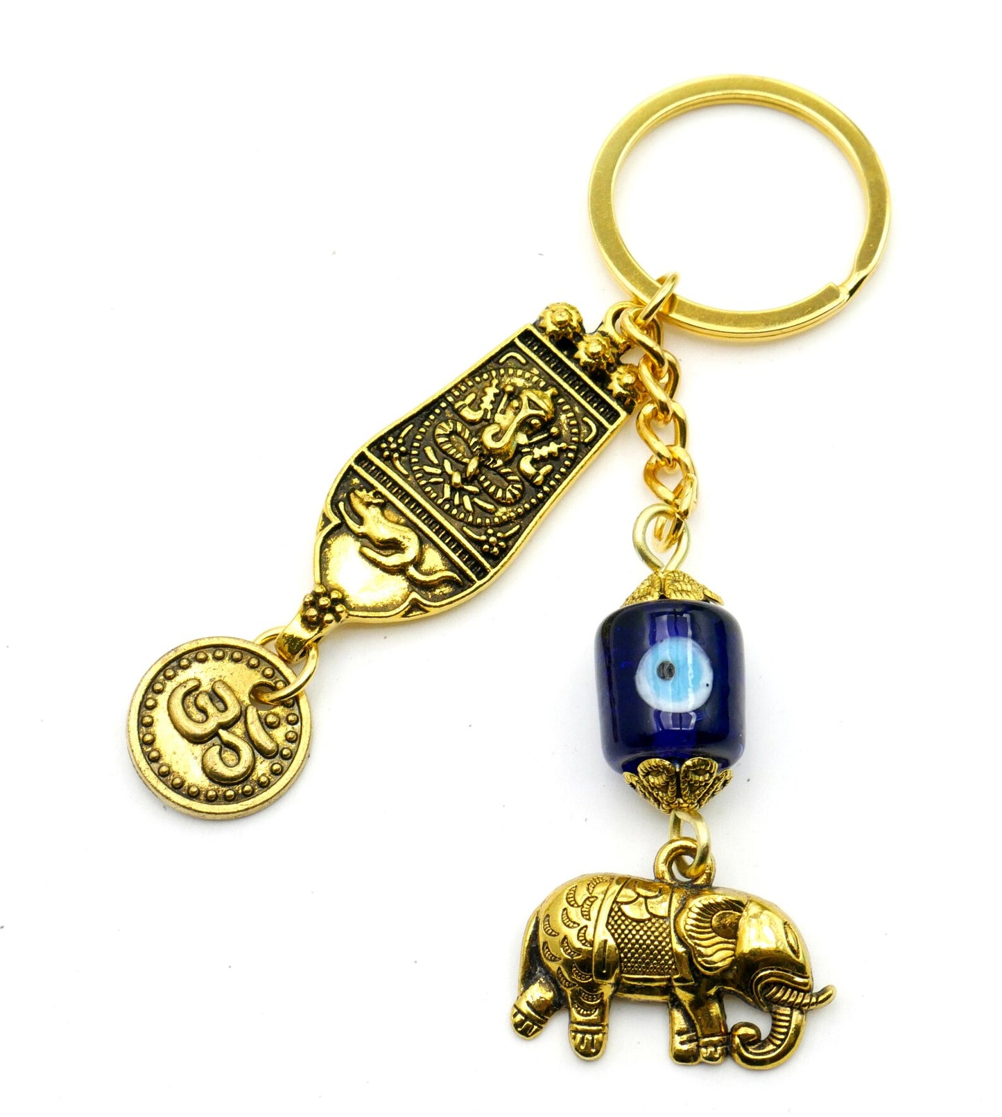 Evil Eye Protection Ganesha & OM with Lucky Elephant Charm Key Ring for Happiness, Good Fortune/Luck,Prosperity,Success, Positive Vibrations