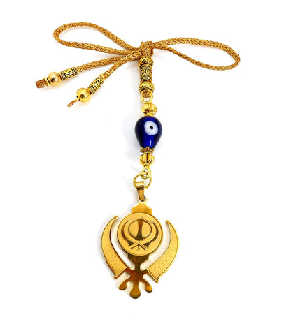 Golden Khanda Car Hanging Ornament, Sikh Evil Eye Protection, Rearview Mirror Charm, Spiritual Vastu Amulet, Gold Plated Religious Decor