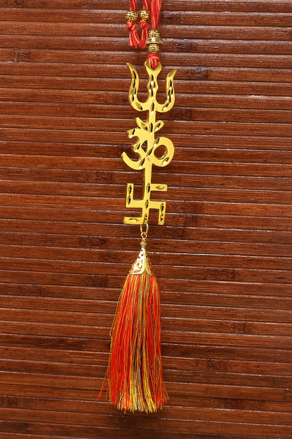 Trishakti Yantra | Trishul | OM | Swastik | Golden | Car Mirror Ornament | Good Luck | Positive Vibrations | Success | Prosperity
