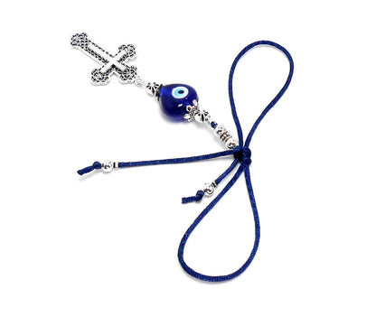 Holy Cross Pendant | Blue Glass Beads | Evil Eye Protection | Antique Gold Plated | Car Rearview Mirror Ornament | Blessings | Faith | Hope