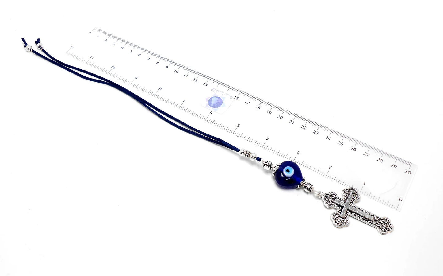 Holy Cross Pendant | Blue Glass Beads | Evil Eye Protection | Antique Gold Plated | Car Rearview Mirror Ornament | Blessings | Faith | Hope