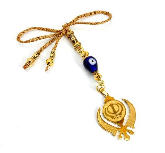 Golden Khanda Car Hanging Ornament, Sikh Evil Eye Protection, Rearview Mirror Charm, Spiritual Vastu Amulet, Gold Plated Religious Decor