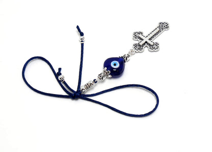 Holy Cross Pendant | Blue Glass Beads | Evil Eye Protection | Antique Gold Plated | Car Rearview Mirror Ornament | Blessings | Faith | Hope