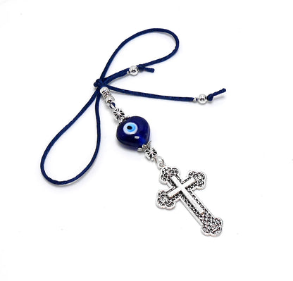 Holy Cross Pendant | Blue Glass Beads | Evil Eye Protection | Antique Gold Plated | Car Rearview Mirror Ornament | Blessings | Faith | Hope