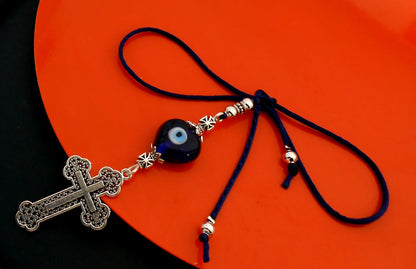 Holy Cross Pendant | Blue Glass Beads | Evil Eye Protection | Antique Gold Plated | Car Rearview Mirror Ornament | Blessings | Faith | Hope