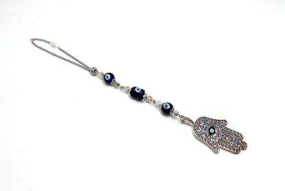 Evil Eye Protection | Hamsa Hand | Antique Silver Plated | Glass Bead | Car Rearview Mirror Ornament |Good Luck |Numerology |Positive Vibes