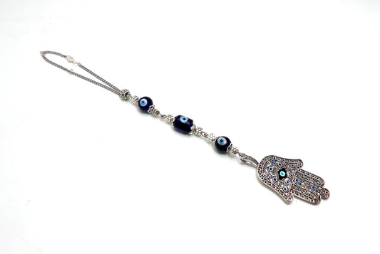Evil Eye Protection | Hamsa Hand | Antique Silver Plated | Glass Bead | Car Rearview Mirror Ornament |Good Luck |Numerology |Positive Vibes