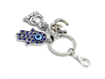 Hamsa Hand OM & Buddha Evil Eye Protection/Good Luck Key Ring for Home /Office/Pooja Room/Business/Car, Hamsa Evil Eye Protection Accessory