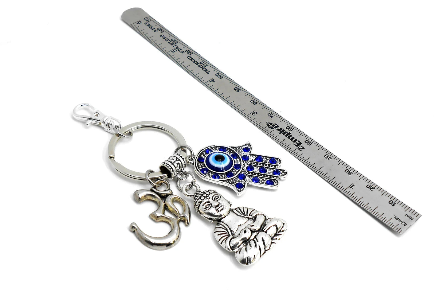 Hamsa Hand OM & Buddha Evil Eye Protection/Good Luck Key Ring for Home /Office/Pooja Room/Business/Car, Hamsa Evil Eye Protection Accessory