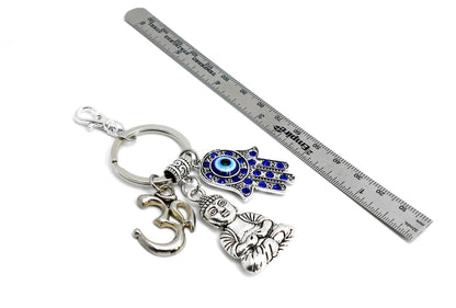 Hamsa Hand OM & Buddha Evil Eye Protection/Good Luck Key Ring for Home /Office/Pooja Room/Business/Car, Hamsa Evil Eye Protection Accessory
