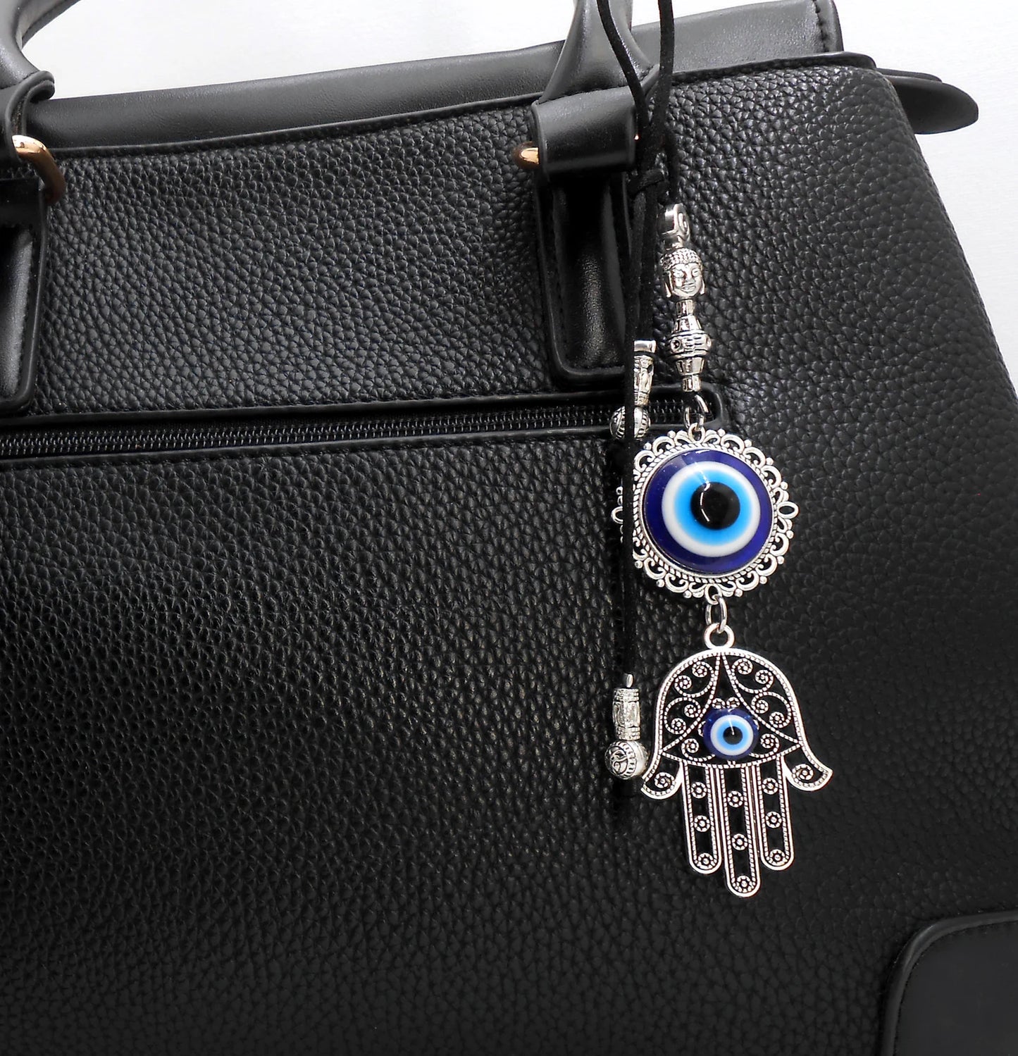 Evil Eye Protection | Hamsa Hand | Antique Silver Plated | Glass Bead | Car Rearview Mirror Ornament |Good Luck |Numerology |Positive Vibes