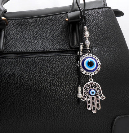 Evil Eye Protection | Hamsa Hand | Antique Silver Plated | Glass Bead | Car Rearview Mirror Ornament |Good Luck |Numerology |Positive Vibes