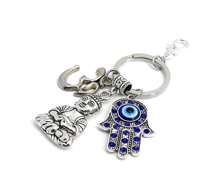 Hamsa Hand OM & Buddha Evil Eye Protection/Good Luck Key Ring for Home /Office/Pooja Room/Business/Car, Hamsa Evil Eye Protection Accessory