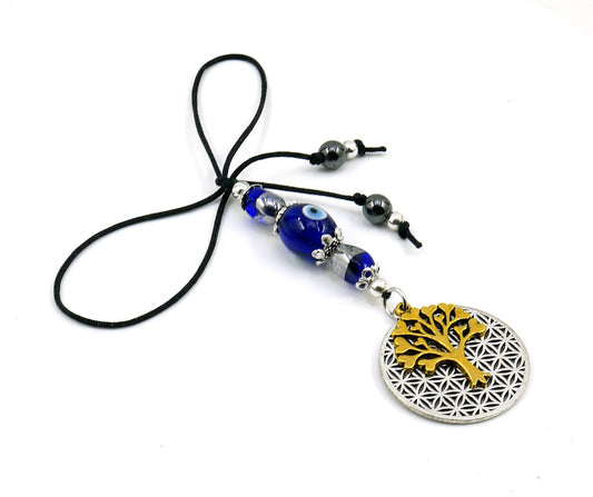 Evil Eye, Evil Eye Protection, Flower of Life & Tree Of Life Car Rear view Mirror Dangler Ornament, Gift For New Driver, Handbag Decoration