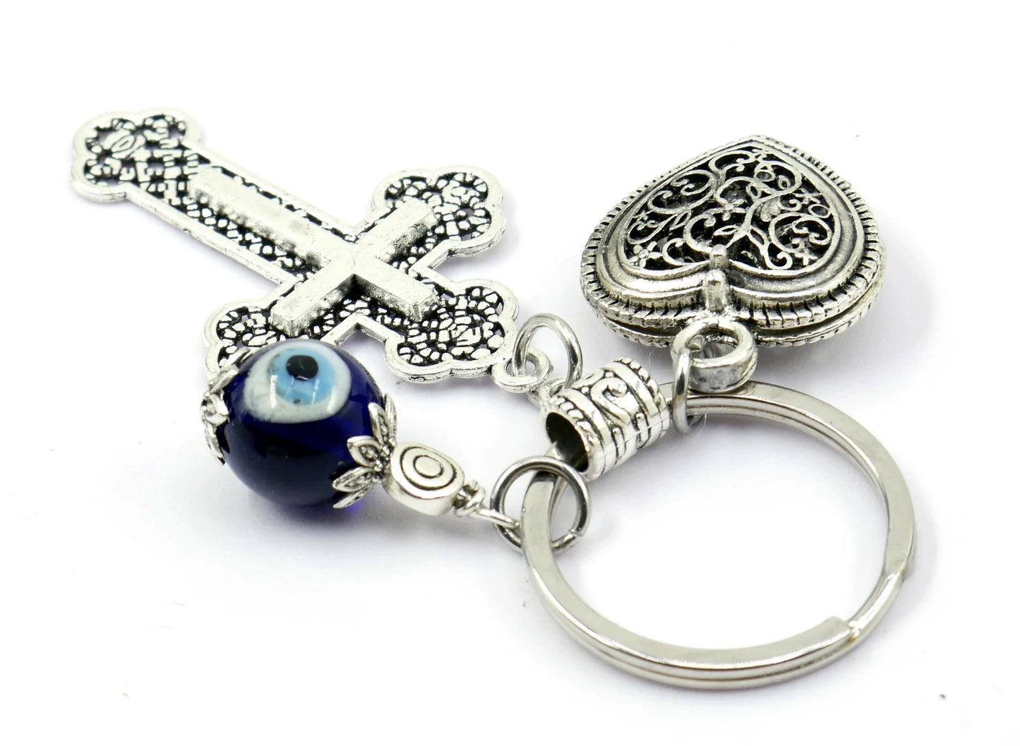 Cross Key Chain | Holy Cross Pendant | Blue Glass Beads | Evil Eye Protection | Cross Key Ring for Protecion | Blessings | Faith | Hope