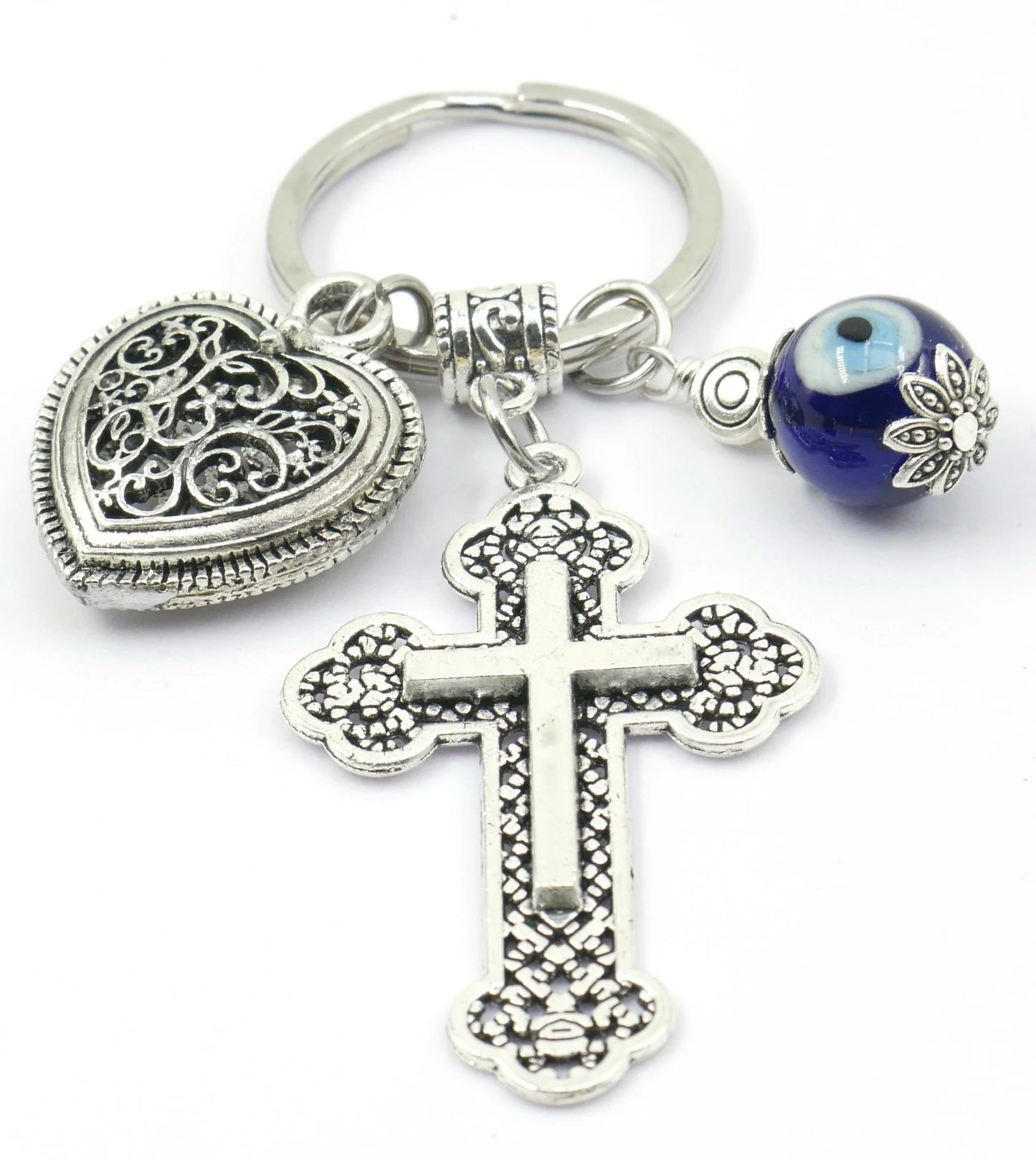 Cross Key Chain | Holy Cross Pendant | Blue Glass Beads | Evil Eye Protection | Cross Key Ring for Protecion | Blessings | Faith | Hope