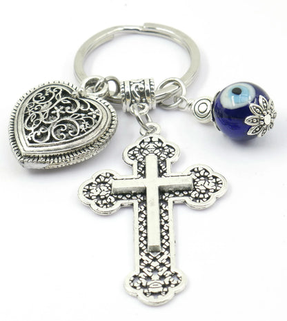 Cross Key Chain | Holy Cross Pendant | Blue Glass Beads | Evil Eye Protection | Cross Key Ring for Protecion | Blessings | Faith | Hope