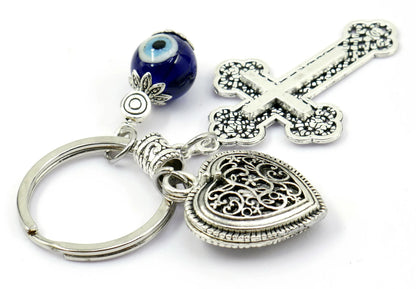 Cross Key Chain | Holy Cross Pendant | Blue Glass Beads | Evil Eye Protection | Cross Key Ring for Protecion | Blessings | Faith | Hope