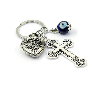 Cross Key Chain | Holy Cross Pendant | Blue Glass Beads | Evil Eye Protection | Cross Key Ring for Protecion | Blessings | Faith | Hope