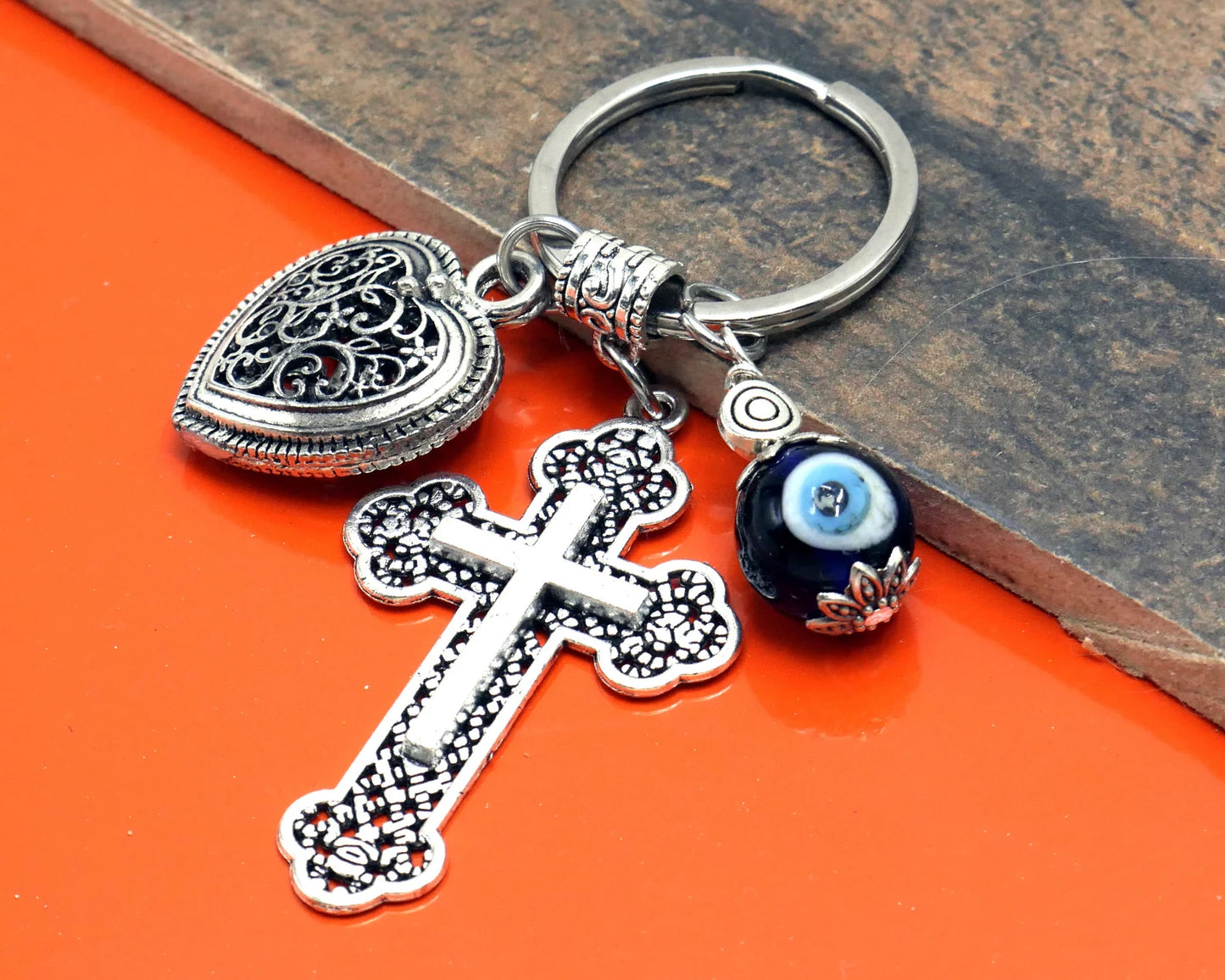 Cross Key Chain | Holy Cross Pendant | Blue Glass Beads | Evil Eye Protection | Cross Key Ring for Protecion | Blessings | Faith | Hope