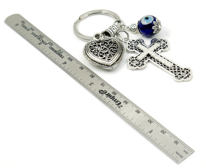 Cross Key Chain | Holy Cross Pendant | Blue Glass Beads | Evil Eye Protection | Cross Key Ring for Protecion | Blessings | Faith | Hope
