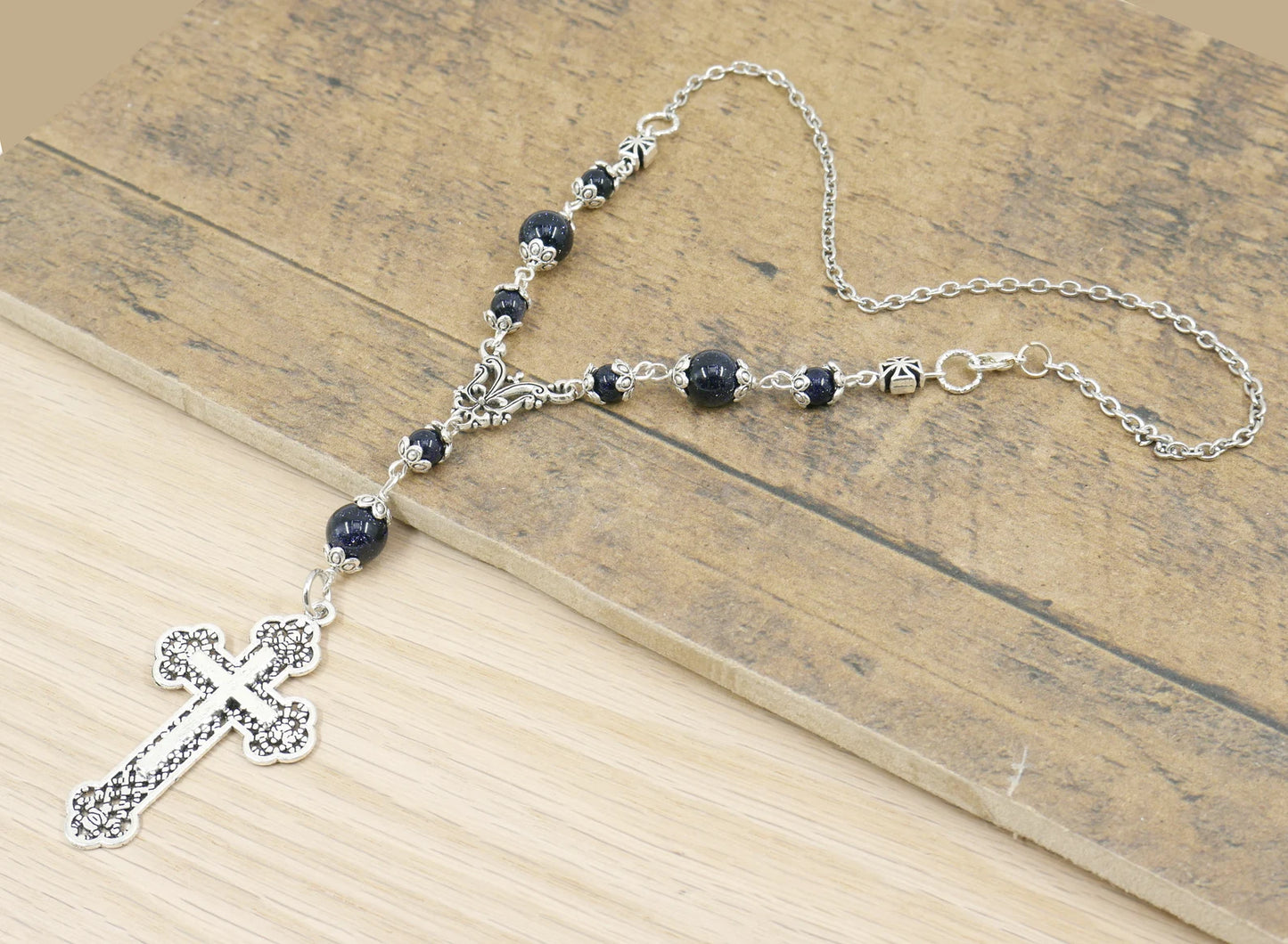 Holy Cross Pendant | Natural Stone Beads | Antique Silver Plated | Car Rearview Mirror Ornament | Blessings | Faith | Hope