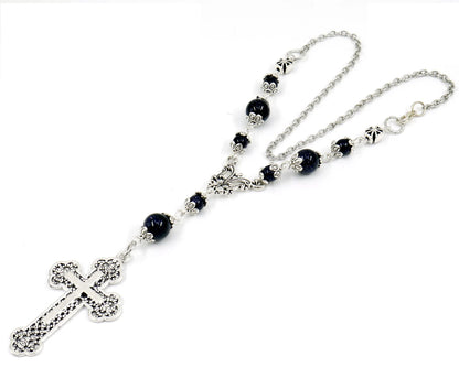 Holy Cross Pendant | Natural Stone Beads | Antique Silver Plated | Car Rearview Mirror Ornament | Blessings | Faith | Hope