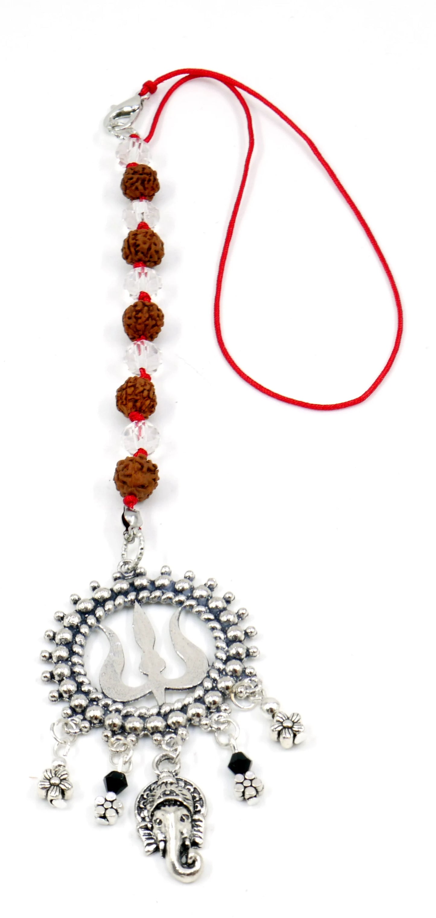 Lord Ganesha & Shiva Trishul Pendant Knotted Rudraksha Clear Crystal Hanging | Car Rearview Mirror Ornament | Good Luck | Positive Vibes