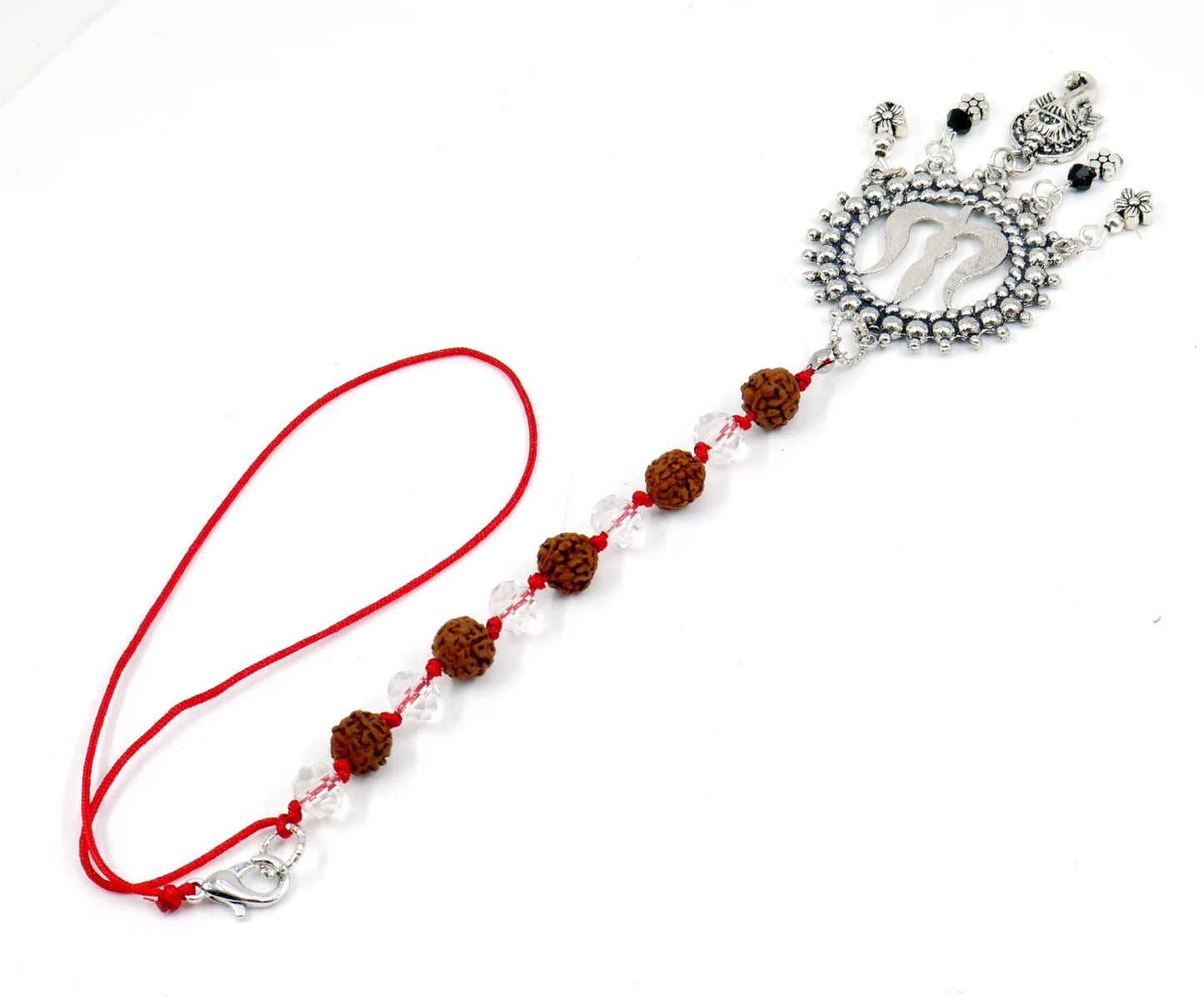 Lord Ganesha & Shiva Trishul Pendant Knotted Rudraksha Clear Crystal Hanging | Car Rearview Mirror Ornament | Good Luck | Positive Vibes