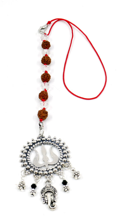 Lord Ganesha & Shiva Trishul Pendant Knotted Rudraksha Clear Crystal Hanging | Car Rearview Mirror Ornament | Good Luck | Positive Vibes