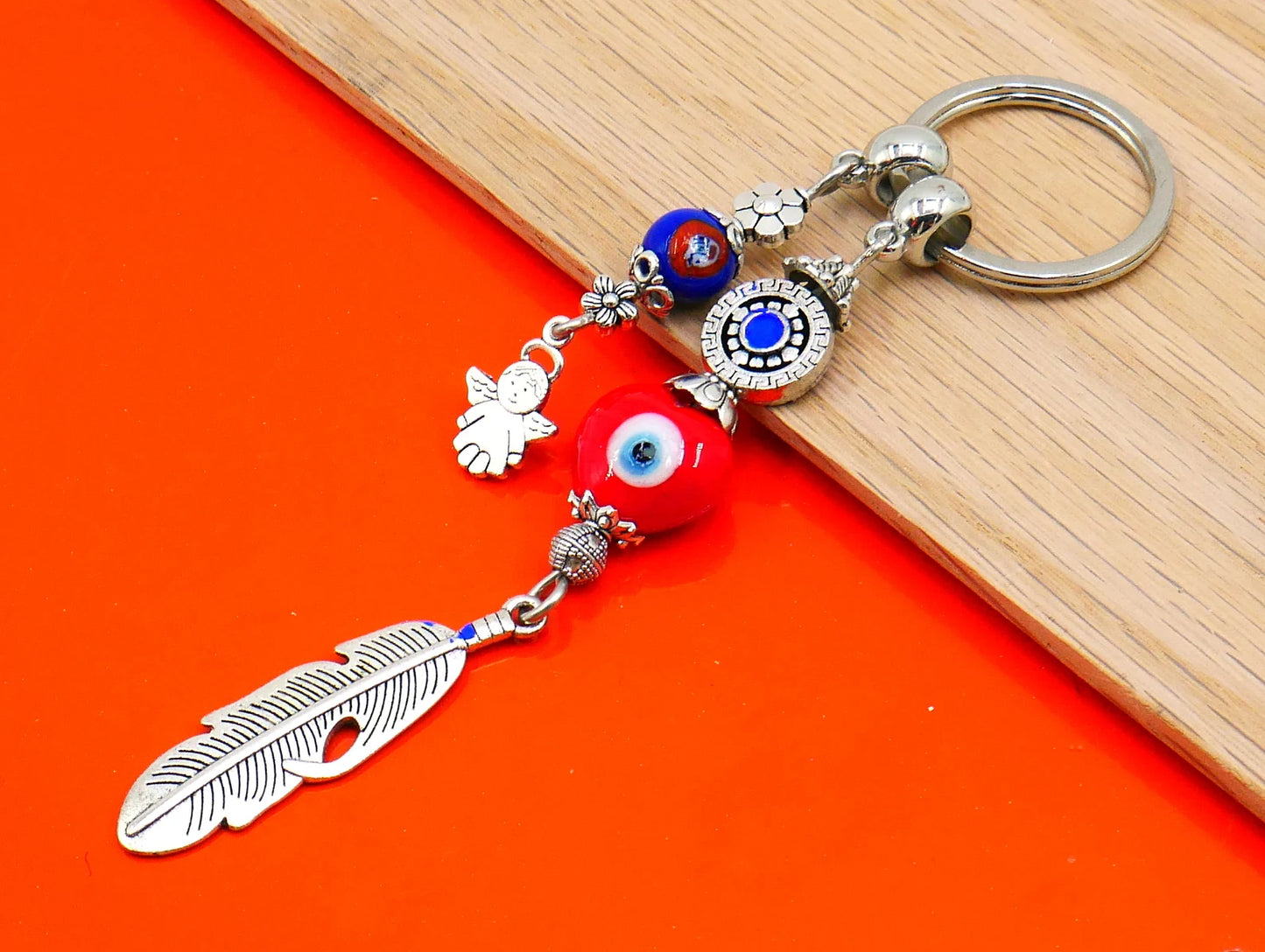 d Evil Eye Protection Angel's Wing & Cute Angel Key Ring, Angel Protection Key Ring