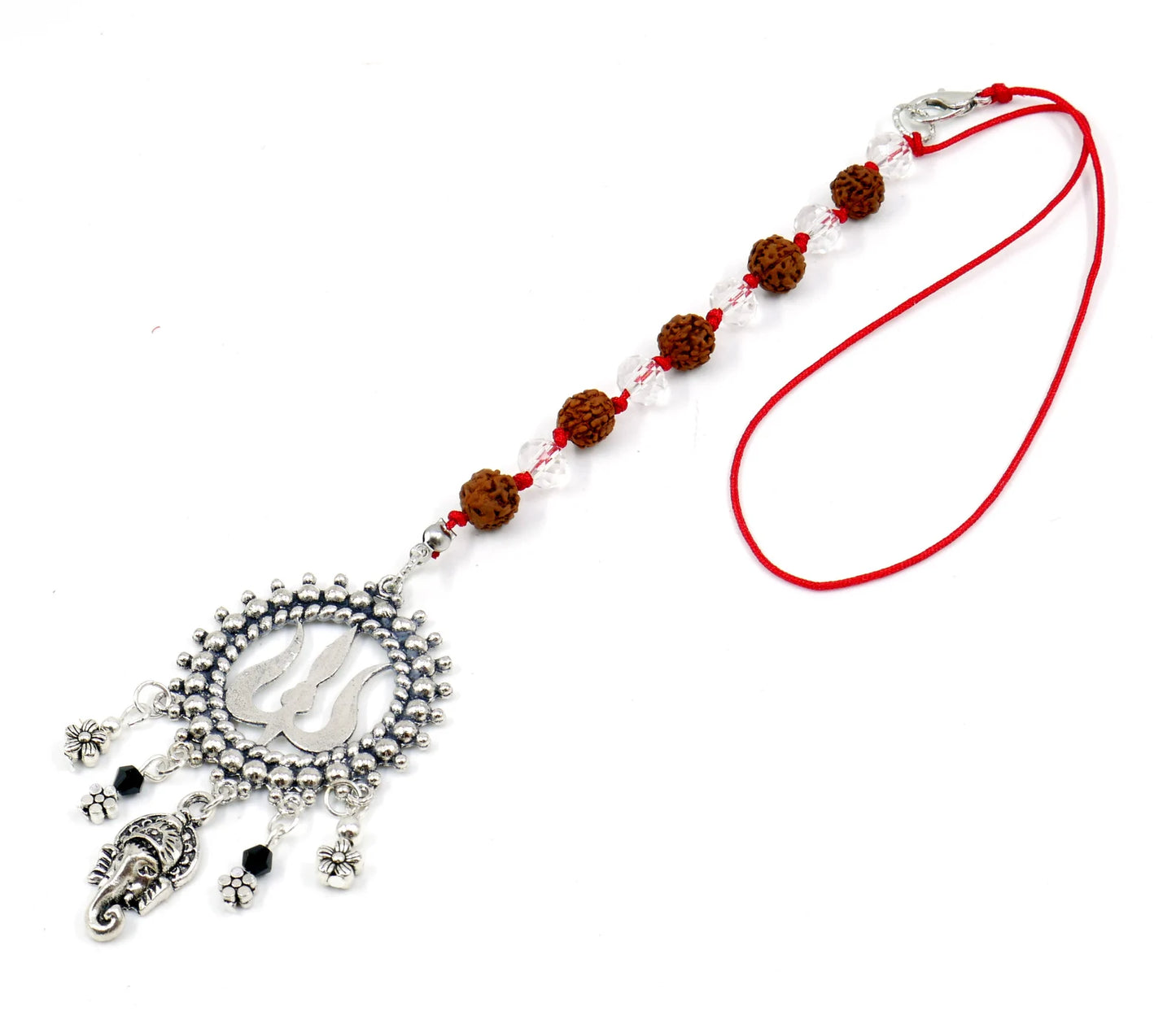 Lord Ganesha & Shiva Trishul Pendant Knotted Rudraksha Clear Crystal Hanging | Car Rearview Mirror Ornament | Good Luck | Positive Vibes