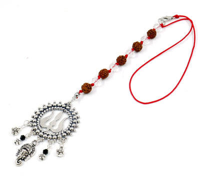 Lord Ganesha & Shiva Trishul Pendant Knotted Rudraksha Clear Crystal Hanging | Car Rearview Mirror Ornament | Good Luck | Positive Vibes